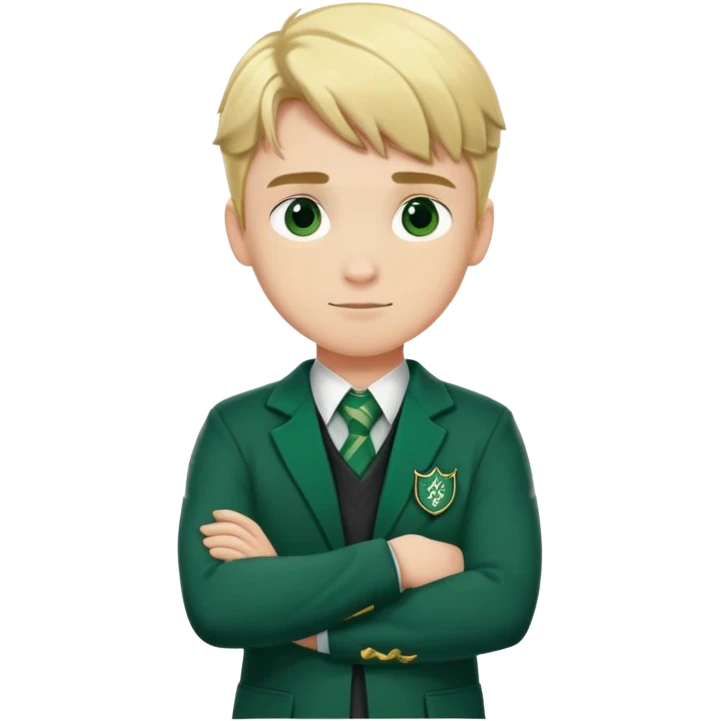 Blonde male student wearing Slytherin uniform with arms crossed emoji
