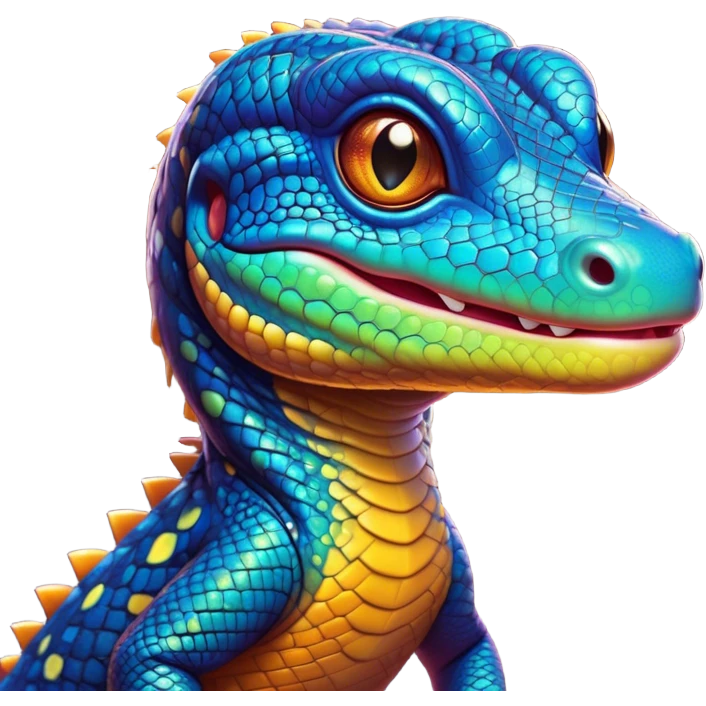 Cinematic Cute Monitor Lizard Portrait Emoji, Head tilted playfully and inquisitively, with a sleek, patterned body accented by vibrant hues and round, sparkling eyes full of wonder, Simplified yet irresistibly adorable features, highly detailed, glowing with a warm, friendly glow, high shine, affectionate and lively, stylized with a touch of exotic charm, bright and endearing, soft glowing outline, capturing the essence of a mischievous yet captivating lizard that seems as if it could scuttle out of the screen into your arms! emoji