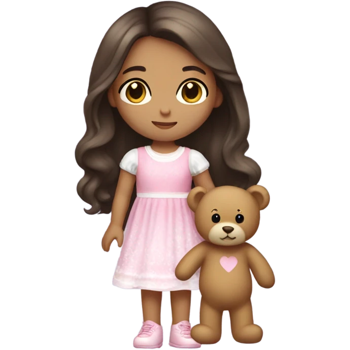 Little Girl with White skin, black eyes. Long brown hair with. She is wearing a pink and White dress, standing and holding on to a teddybear. emoji
