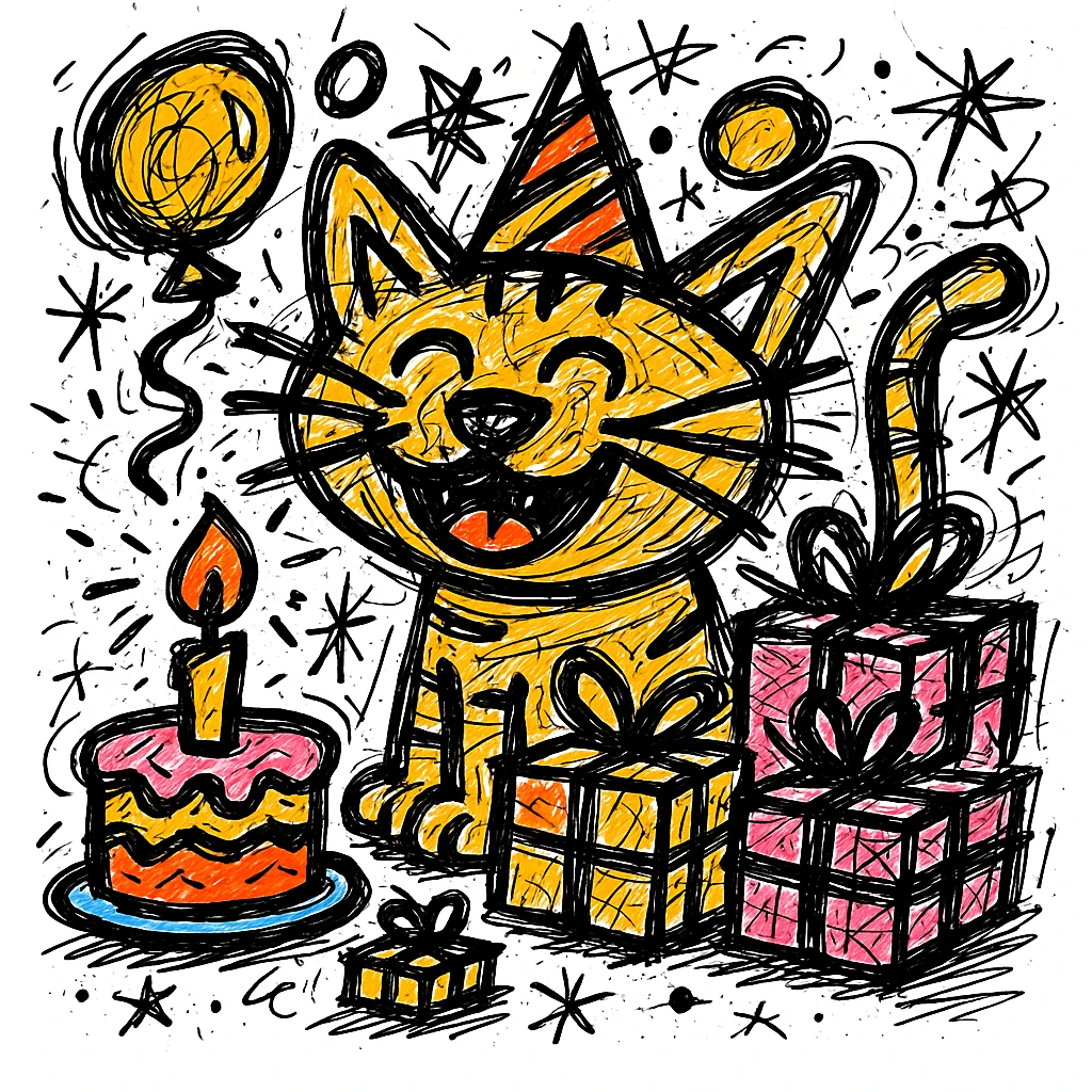 Make the birthday cake more colorful while keeping the chaotic outlined style and all other elements intact emoji