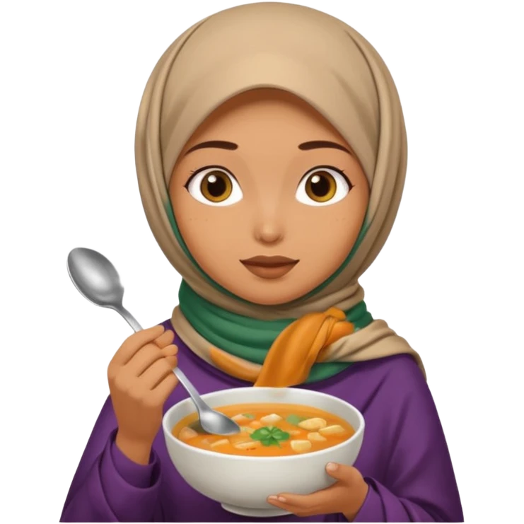 a woman wearing a pashmina hijab is eating while holding a spoon emoji