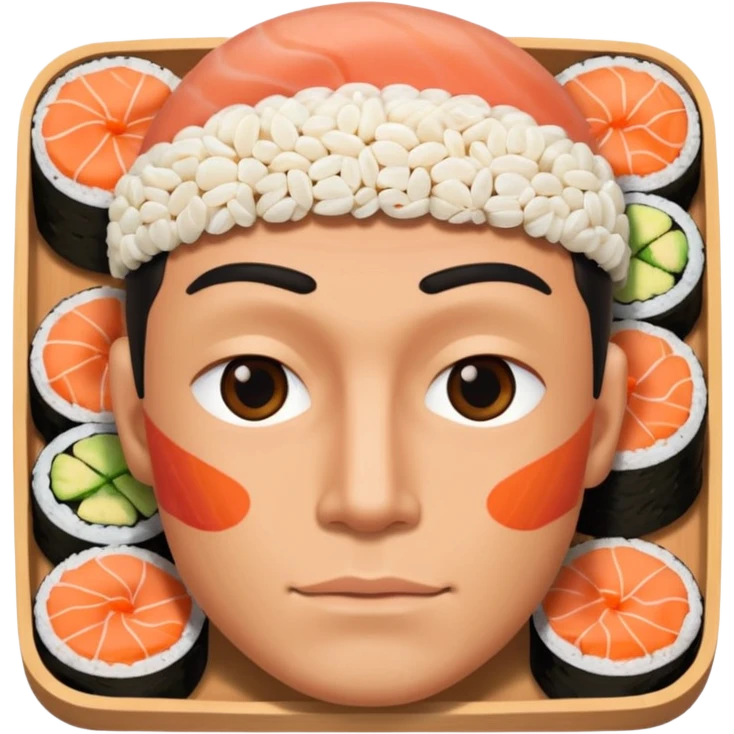 Make a man with no shirt with a face made of sushi emoji