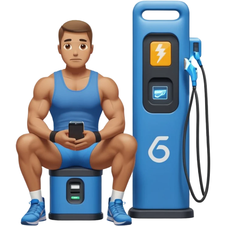 A naked man with bulging muscles sits in a thoughtful pose at a Bluetti charging station. emoji