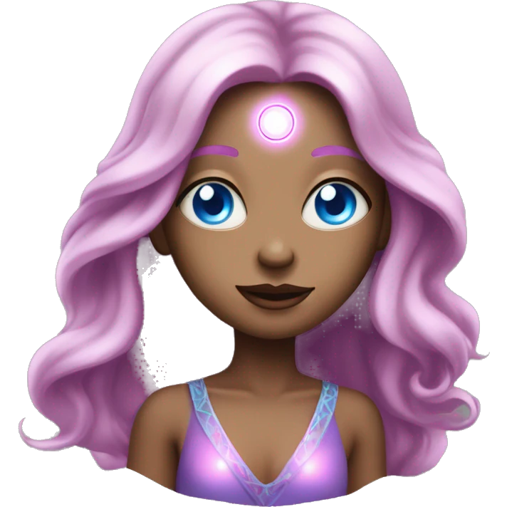 magical diva with thin pink andromedan skin long hair and blue eyes glowing third eye emoji