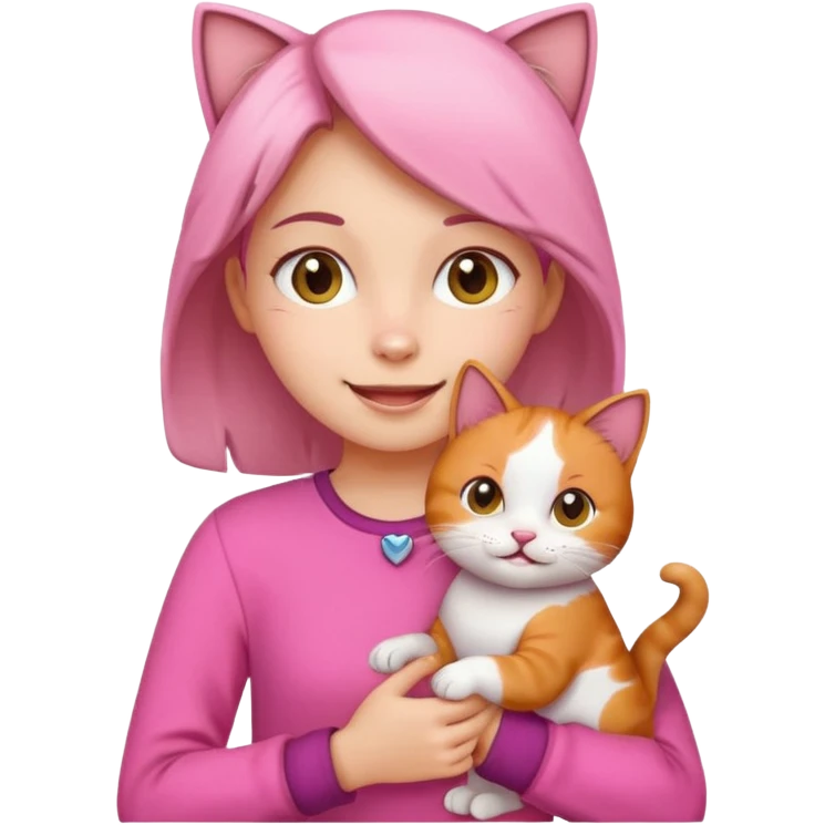 a happy girl in pink holding a calico cat, emoji style, icon emoji