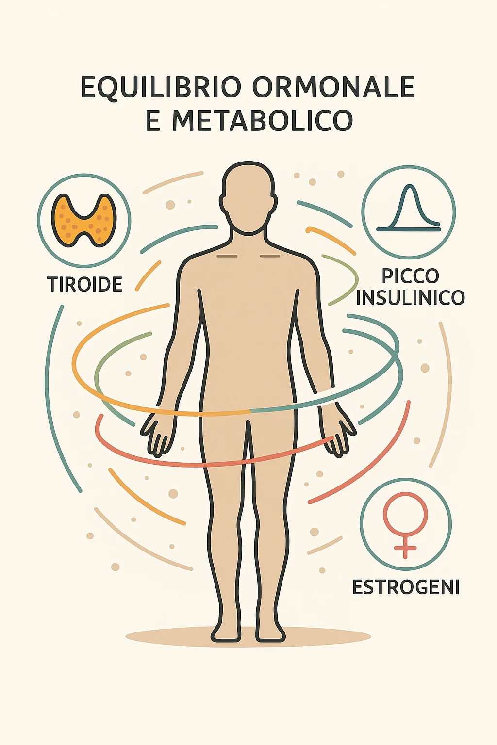 Il corpo è circondato da simboli delicati e bilanciati che rappresentano equilibrio ormonale e metabolico: piccoli cerchi, flussi energetici colorati, simboli stilizzati di tiroide, picco insulina, estrogeni. 4k immagine in italiano emoji