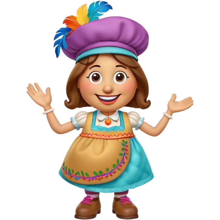 Create a 3D Pixar-style Mrs. Potato Head character with a rounded, slightly uneven shape, expressive eyes, a wide smile, and cartoonish limbs, dressed in a colorful apron with intricate embroidery, a vibrant hat adorned with a feather emoji