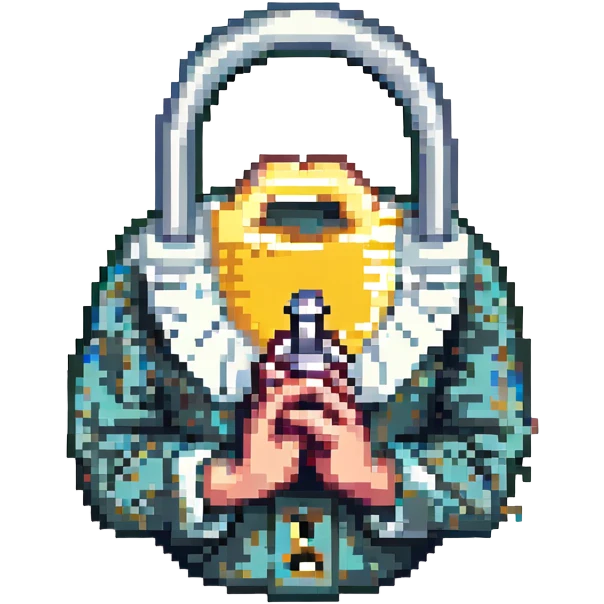 locked prayer, hands in prayer position with a lock or padlock, clear symbolism, pixel art style, suitable for an emoji emoji