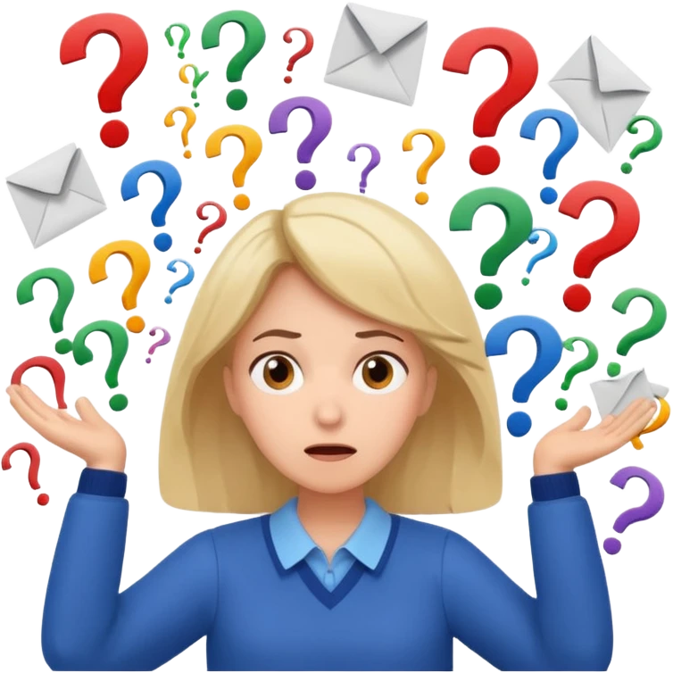 A kindergardenteacher with an overwhelmed expression, surrounded by flying papers and question marks. emoji