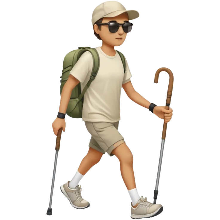 Persona haciendo senderismo, con mochila, short, tenis, playera, lentes de sol, sombrero de tennis con un bastón en la mano caminando emoji