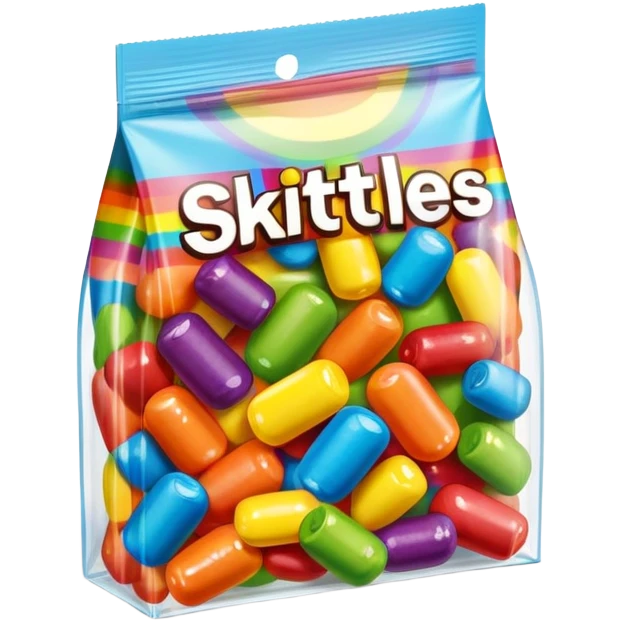 A Skittles candy package with multiple pieces of transparent tape holding it closed, rainbow colored packaging, minimalist style emoji