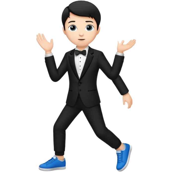 generate a pretty bratz fair skinned boy with short black hair wearing a black tux with blue sneakers emoji