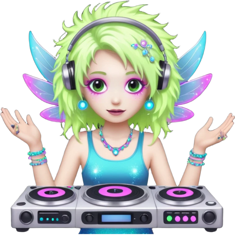  hard-techno-rave-fairy,-holding-a-dj-turntable,-wild-hair,-neon-sparkles,-minimal-background emoji
