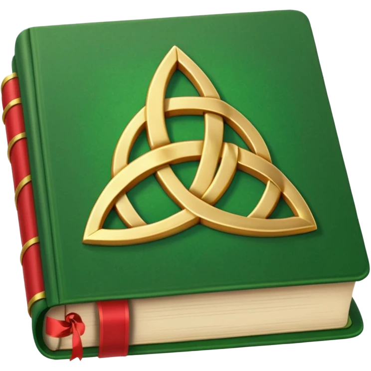 a green closed book with a golden triquetra on it with a red ribbon between the paged emoji