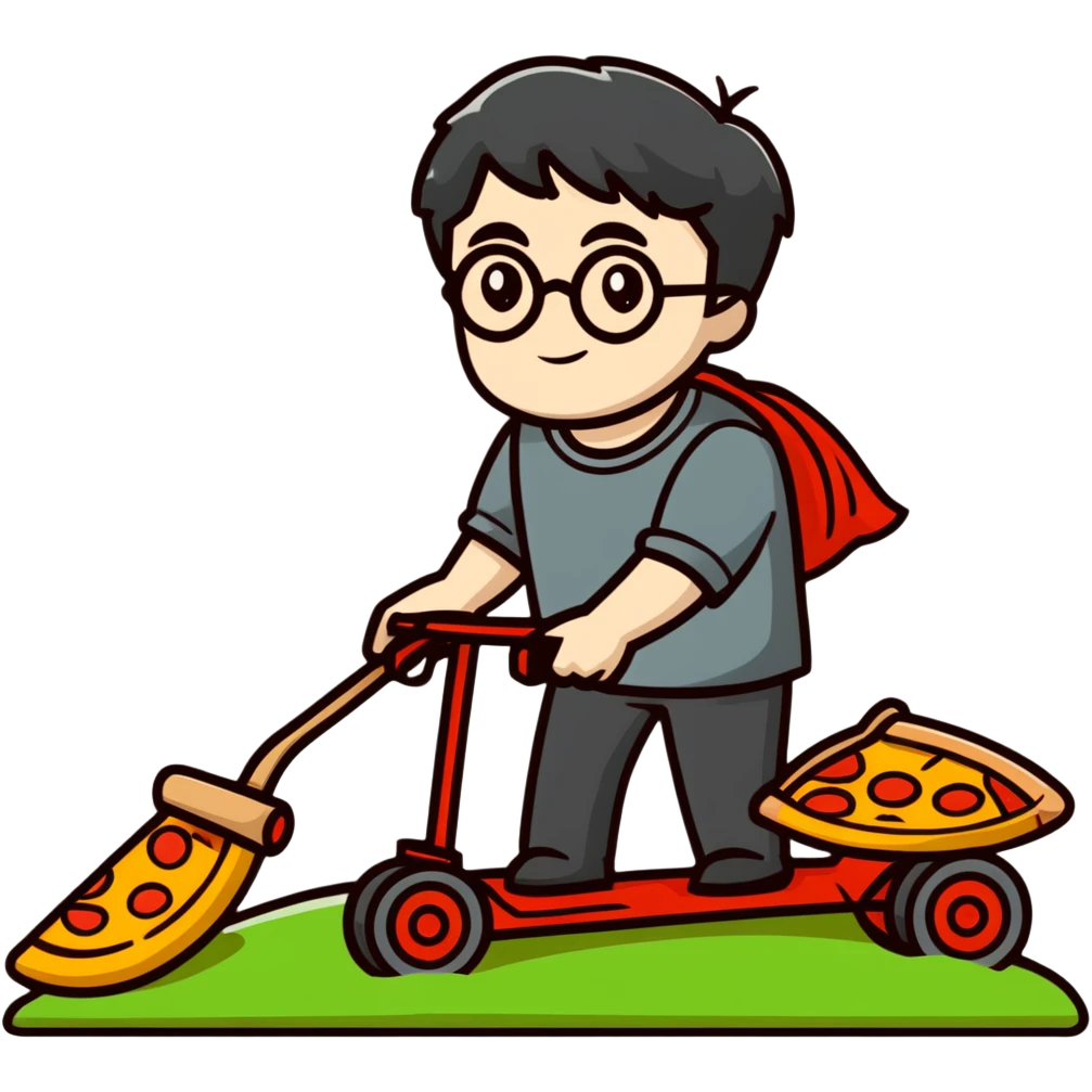 Harry Potter mowing the lawn with a pizza slice emoji