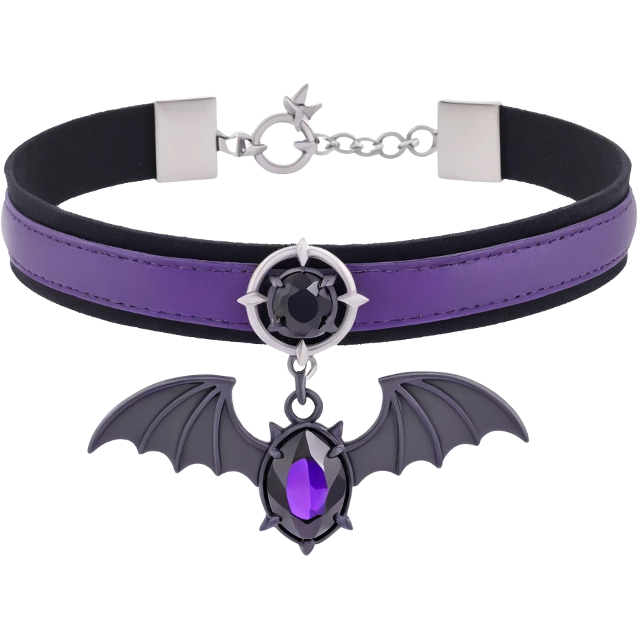 gothic choker with deep purple satin band, silver bat charm, black gemstone centerpiece, luxurious and gothic style emoji