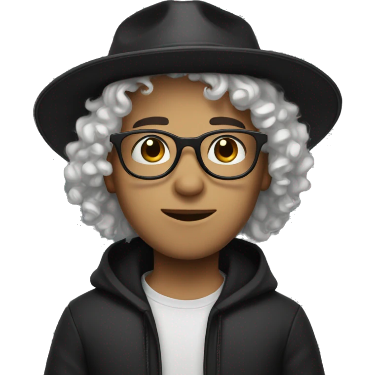 a boy, white skin, curly long hair, black hat and glasses emoji