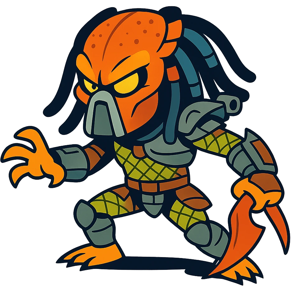 Predator, stylized cartoon version, exaggerated features, playful, bright colors, dynamic pose emoji
