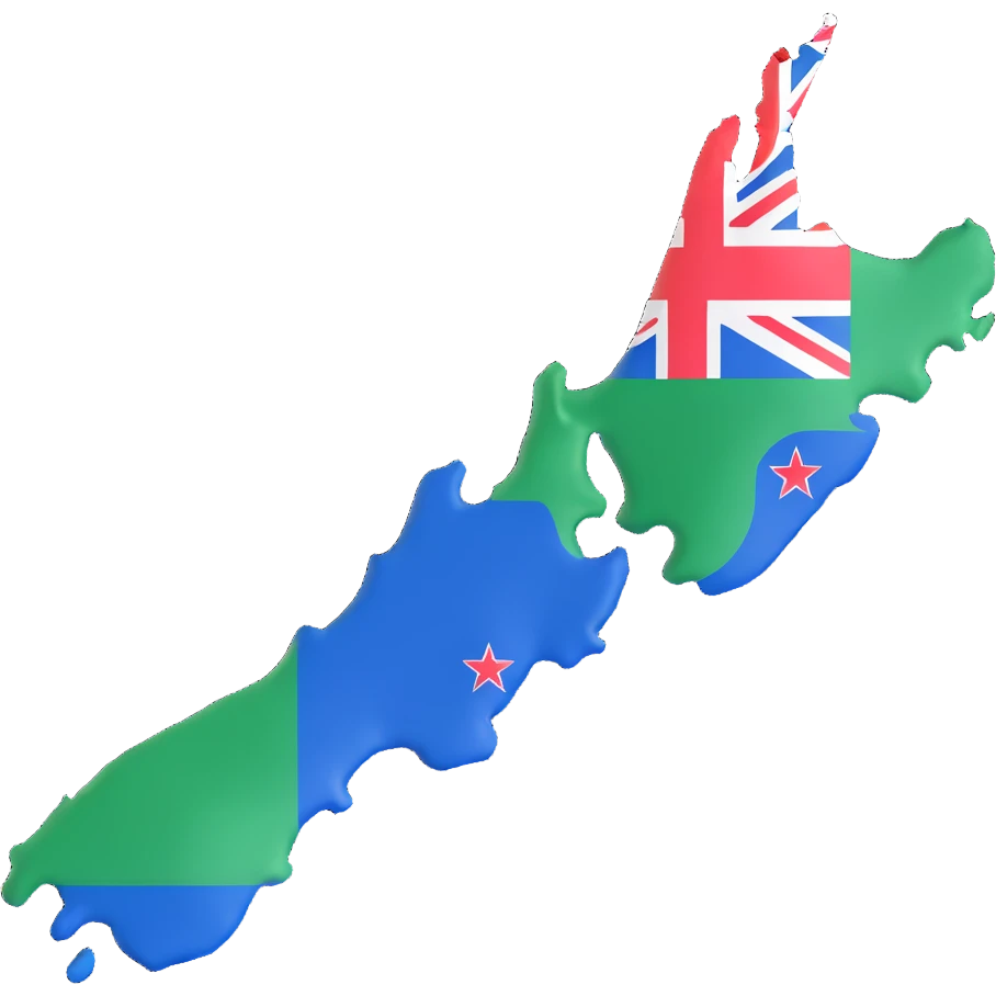 3D style illustration of New Zealand's terrain with the New Zealand flag overlaid, vivid and clear flag colors emoji