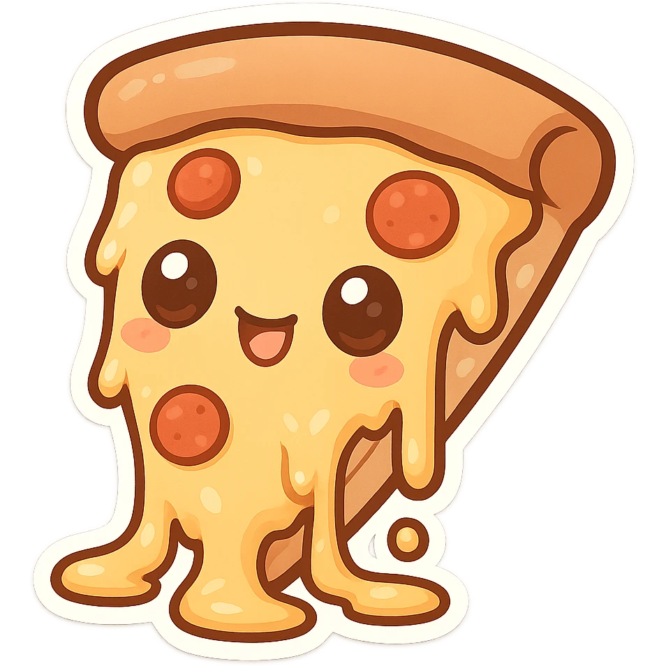 chibi sticker-style slice of pizza with extra cheese, cute and exaggerated emoji