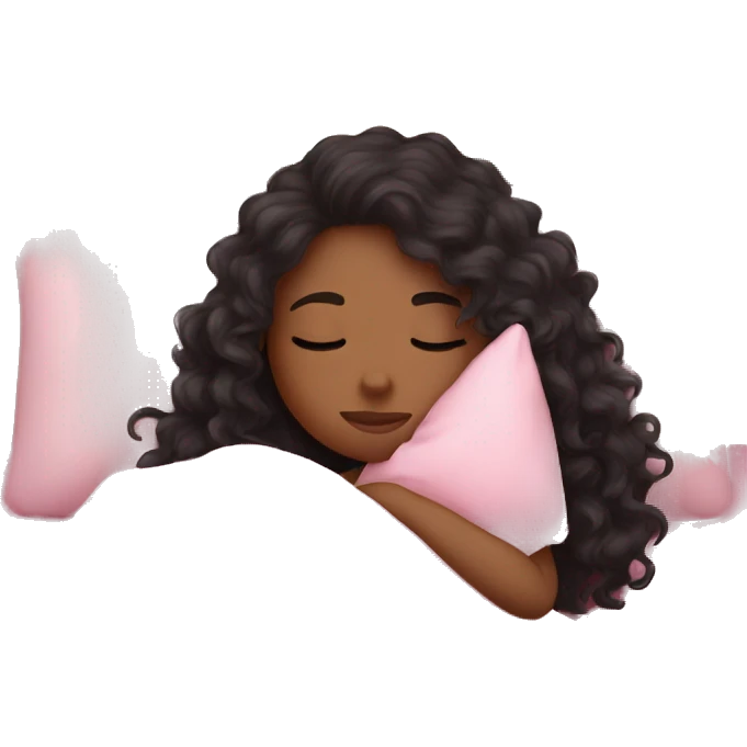 Dark hair girl with long curly hair sleeping with pink blanket and cute pillow emoji