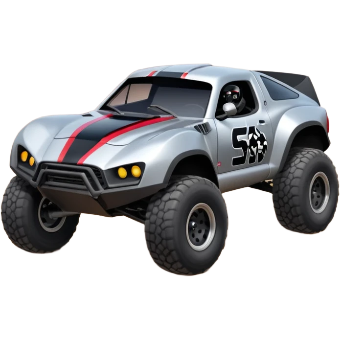 Satan’s and Vader (post race) Cabernet Dirty and dented Local Motors Rally Fighter off road race car hot rod trophy truck-style flying on a dusty road (silver wheels) emoji