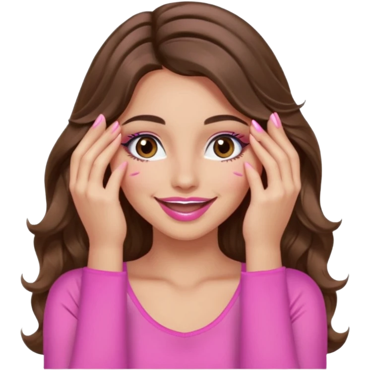girl with long wavy brown hair, brown eyes, long lashes, sexy pink lips, light to medium complexion, wearing a pink sexy top, smiling, hands covering over the eyes emoji