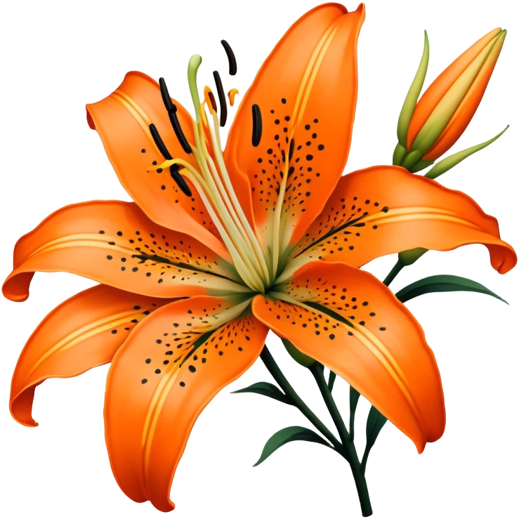 Japanese style tiger lily (oniyuri) flower in ukiyo-e inspired design, bright orange petals with distinctive black spots, curved-back petals, traditional composition like in Japanese woodblock prints emoji