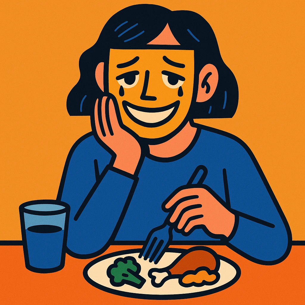 a person hiding their sadness and eating disorder, wearing a mask with a smile, sad eyes visible, food left uneaten, simple background, contemporary digital art style emoji