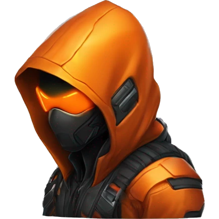 Side view developer behind his laptop with this style : crysis Cyberpunk Valorant orange glowing bright orange character orange black hooded assassin themed character emoji