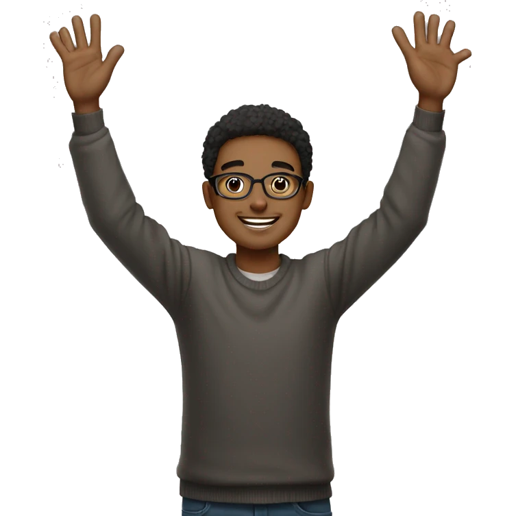 smiling young man who wearing glasses 
 putting hands up  emoji