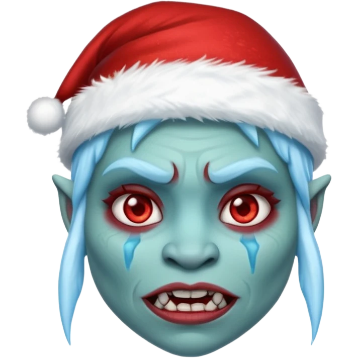 Fantasy orc portrait emoji, Santa Claus hat with icy texture, frozen scar glowing deep red against icy blue skin tones, primal winter survival theme, restrained detail, clean readable emoji style, female variant
 emoji