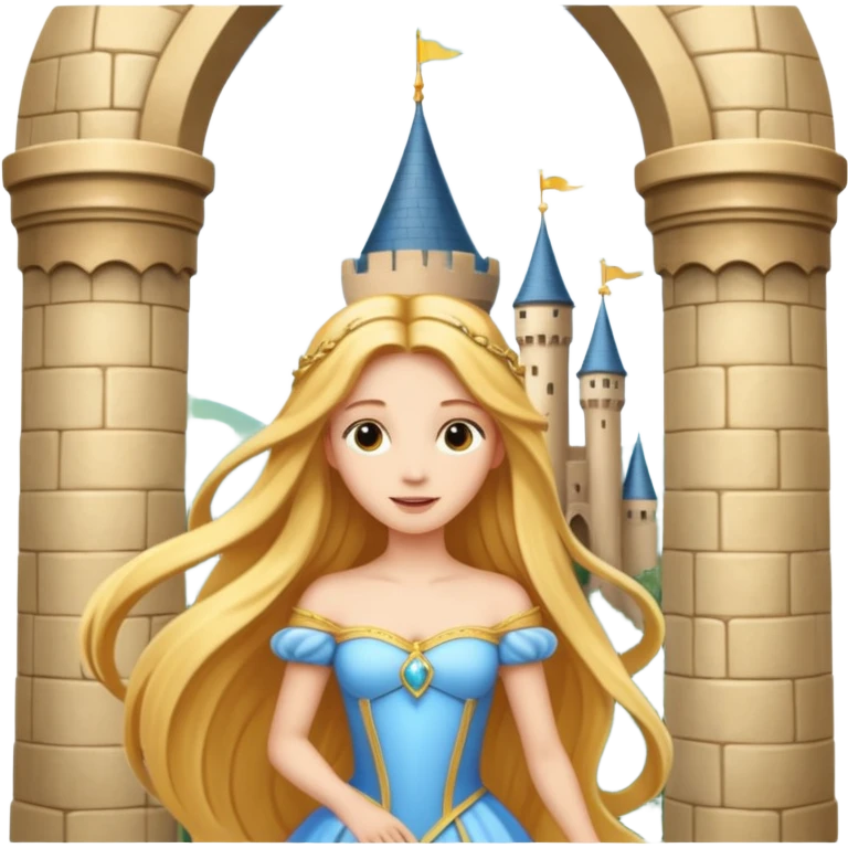 beautiful princess in a tower with her golden hair flowing out from the tower window emoji