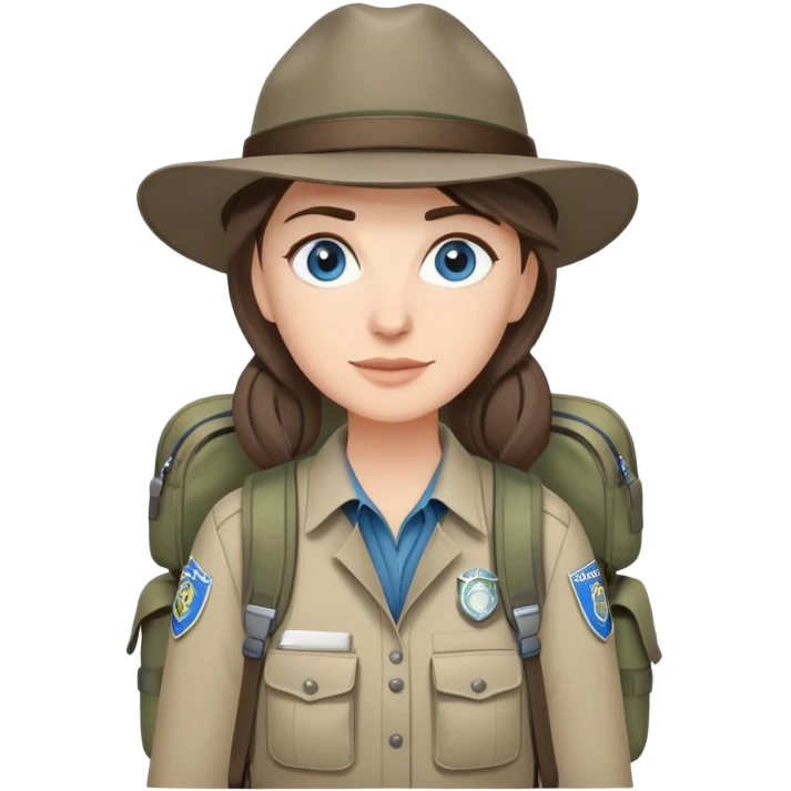 white woman park ranger with gray and brown hair, blue eyes, wearing a backpack emoji