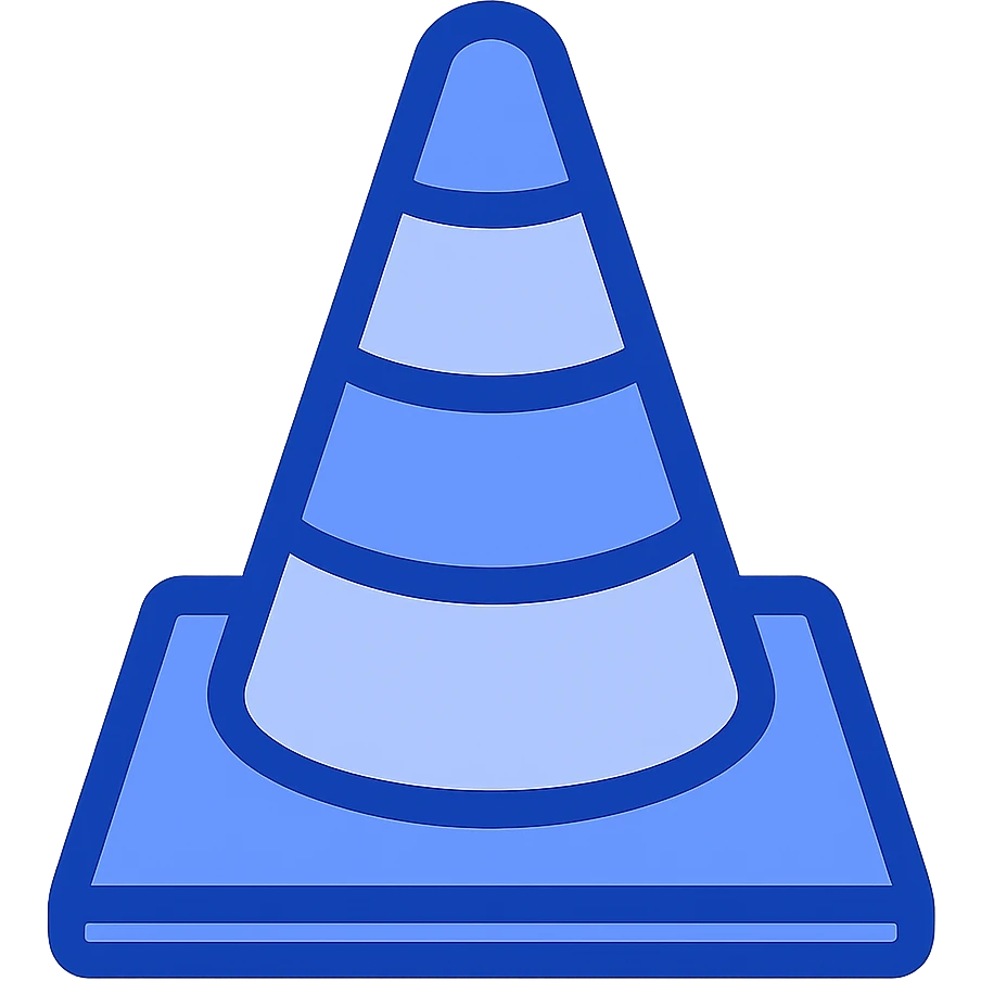 Reimagine the VLC logo traffic cone in a flat, modern blue style consistent with previous icons. Replace the orange with shades of blue, keep the white stripes, and use clean, simple lines. The design should be minimalistic, clear, and recognizable. emoji