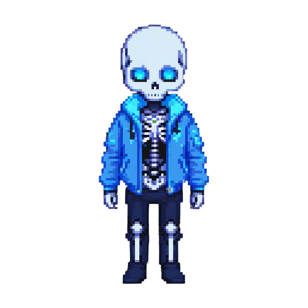 Sans skeleton character from Undertale with blue jacket and glowing blue eye emoji