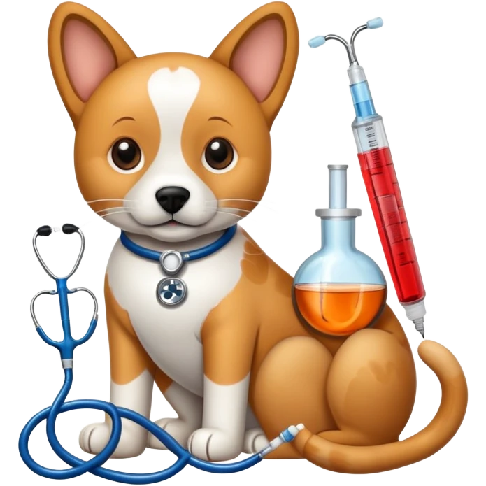 An icon featuring a stethoscope, a paw print, and a syringe, symbolizing veterinary medicine. The design includes a dog and a cat, alongside medical tools, representing animal care, diagnosis, and treatment. Transparent background highlights the science of animal health and well-being. emoji