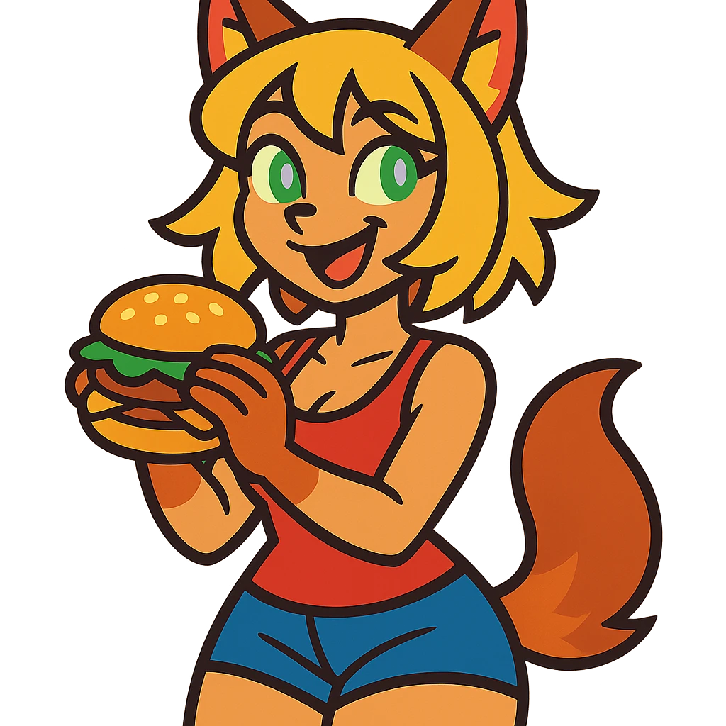 cartoon style furry girl with wolf ears and tail, short blonde hair, green amethyst eyes, hourglass body, loves food, playful expression emoji