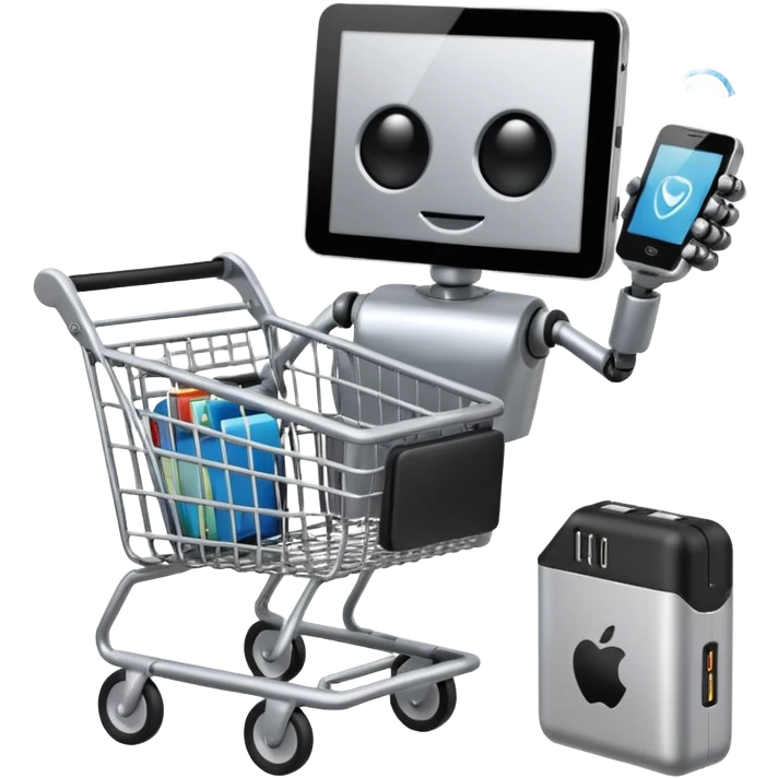 shopping cart containing a robot toy, e-reader, and portable charger emoji
