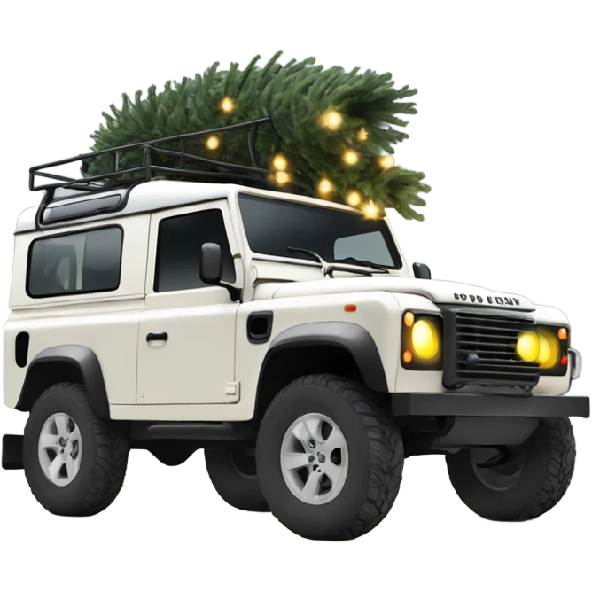 Off white old defender jeep with Christmas tree on the roof with Christmas lights, very small yellow lights  emoji