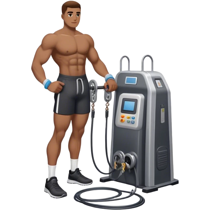 athlete standing next to cable-machine with cable tied to ankle cuffs (for leg exercise) emoji