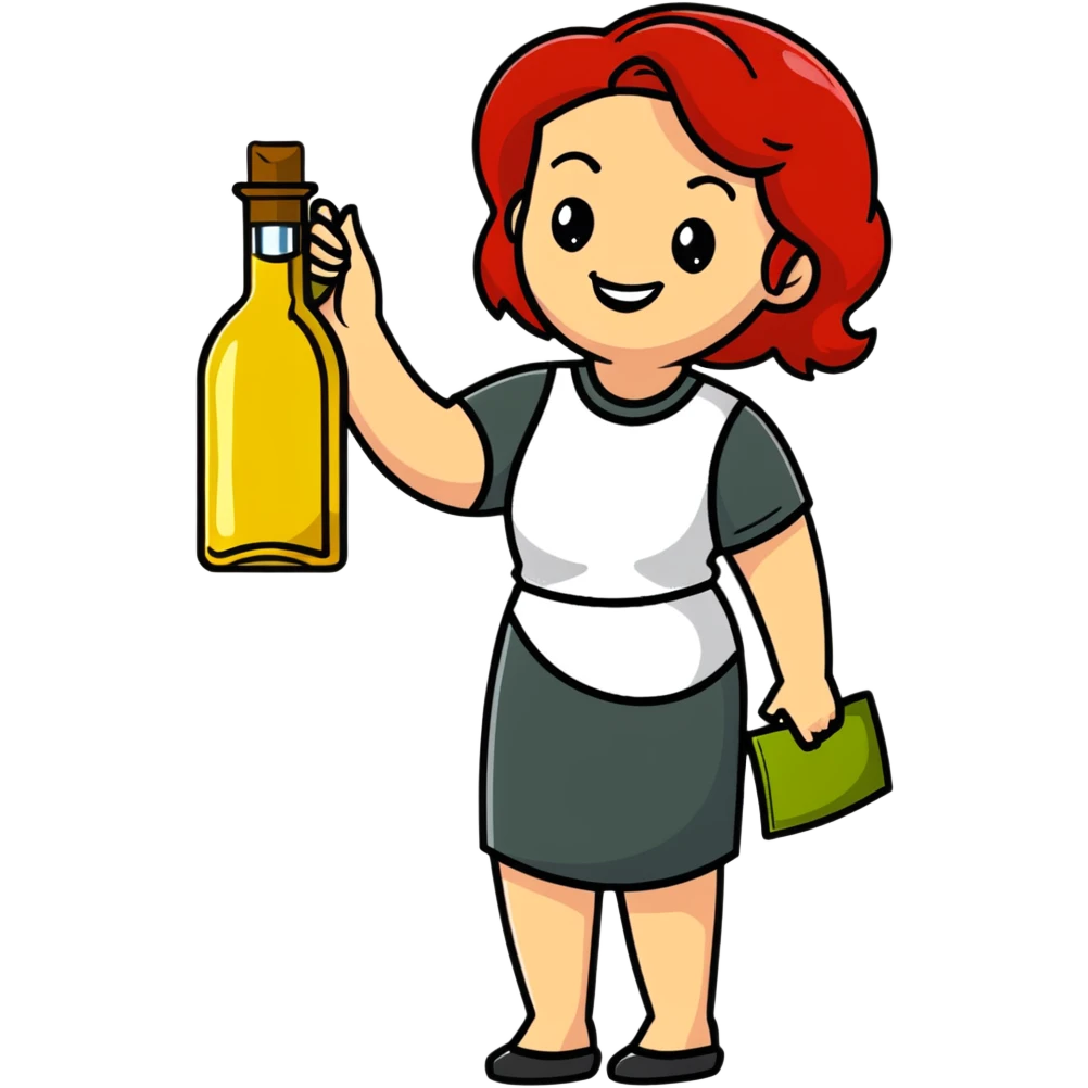 redhead woman with big smile holding olive oil bottle emoji