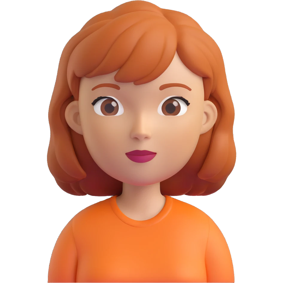 memoji style portrait of a woman with ginger hair, wearing an auburn colored shirt emoji