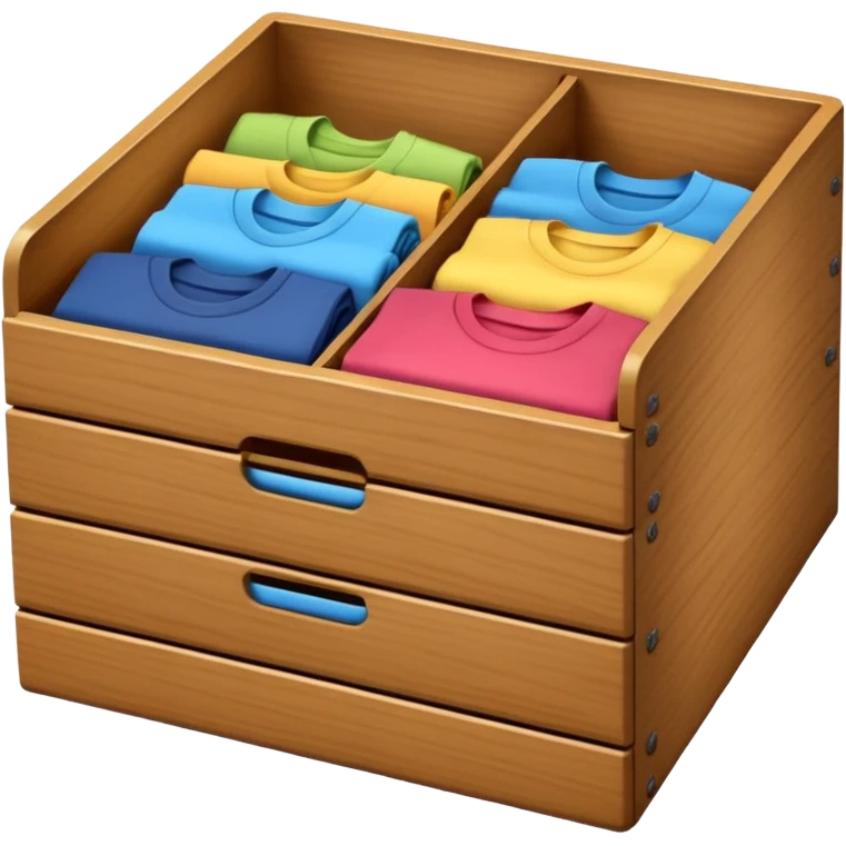 wooden storage box with folded clothes organized in compartments emoji style emoji