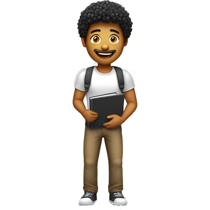 Homem sorrindo com notebook as pernas não devem aparecer, cabelo crespo e preto pequeno sem pelo facial estilo cartoon 3d jovem emoji