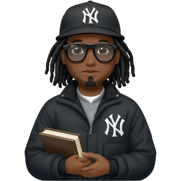 African American man with shoulder length black dreadlocks and black sunglasses wearing a black New York Yankees baseball hat with a North Face brand bubble winter coat holding a bible emoji