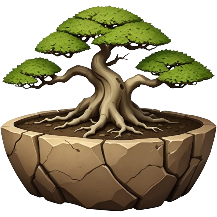 Rooting Stoneware akadama soil mosses irregular angular Stone Age rocks cracked and broken forming a very shallow bonsai pot sans(without) tree  emoji