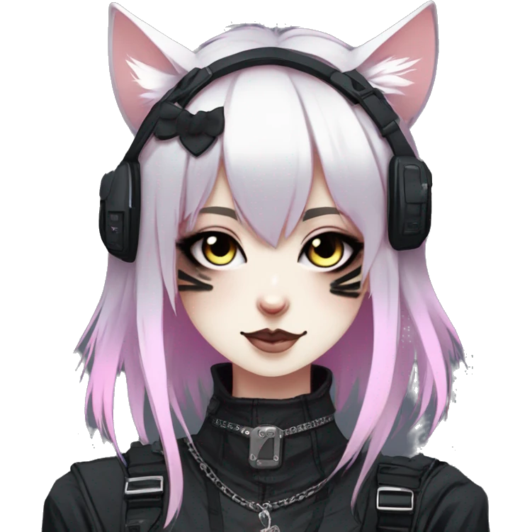 Gorgeous gothic dark techwear cyberpunk anime style anthro cat with blushing face aesthetic and pretty edgy black with collar and harness trending style emoji
