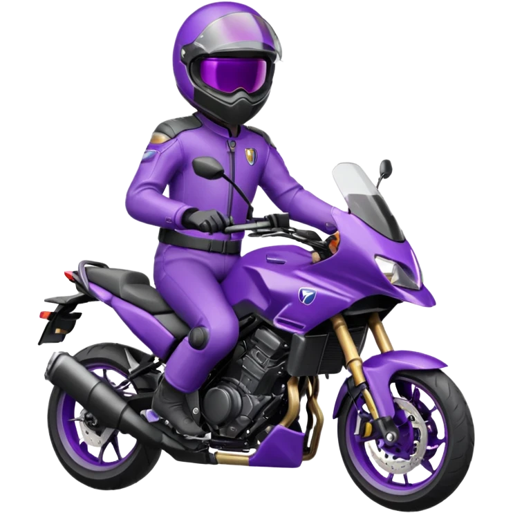Créer un emoji avec une moto mt07 sport noir mate / violet iridescent très foncé, pare-brise de la moto violet. Avec une pilote dessus visière violet sombre visage caché . Avec fond arrière violet en arrière plan. emoji