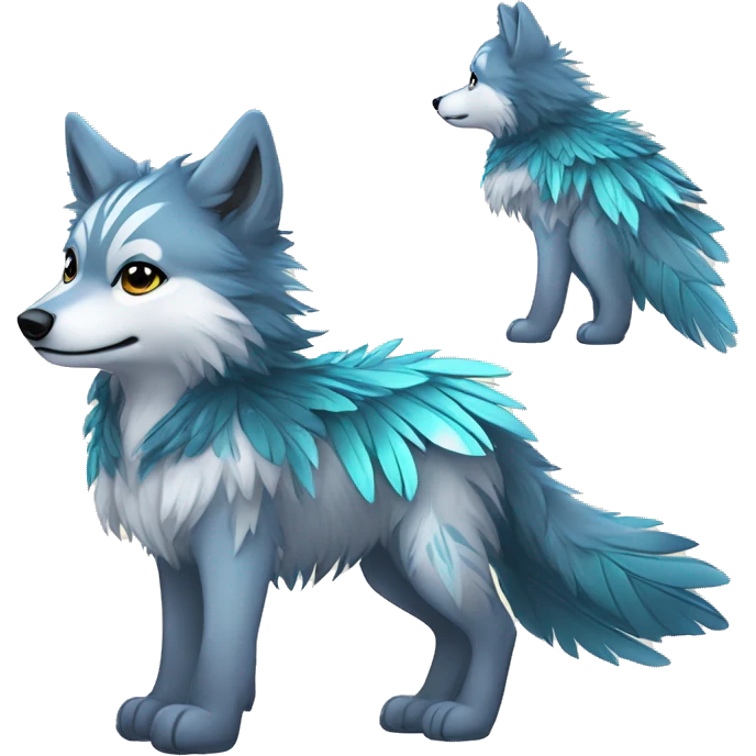 Fluffy Shy Chibi Spiritual Shamanic Wolf With Shiny Tribal Markings wearing feathers Full Body emoji